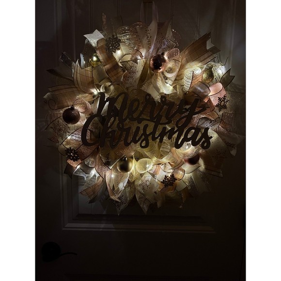Christmas Snowflake Holiday Ribbon Door Wreath Handmade 22 ins LED W42 Gold Pink - Picture 12 of 12